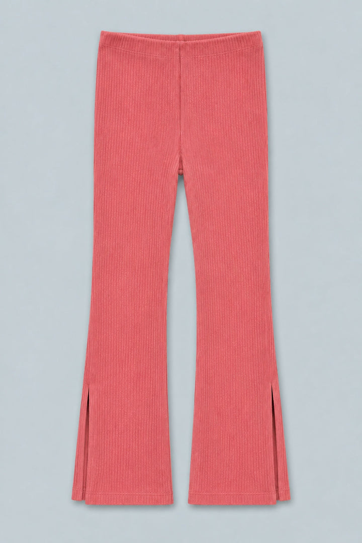 Ribbed Textured Flare Pants With Slits - Rose - Pants