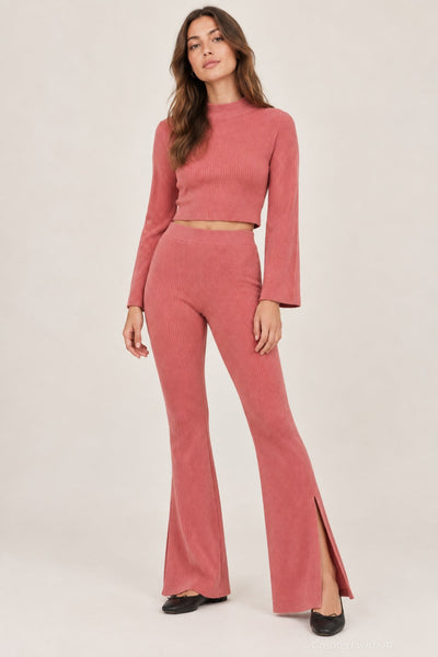 Ribbed Textured Flare Pants With Slits - Rose - Pants