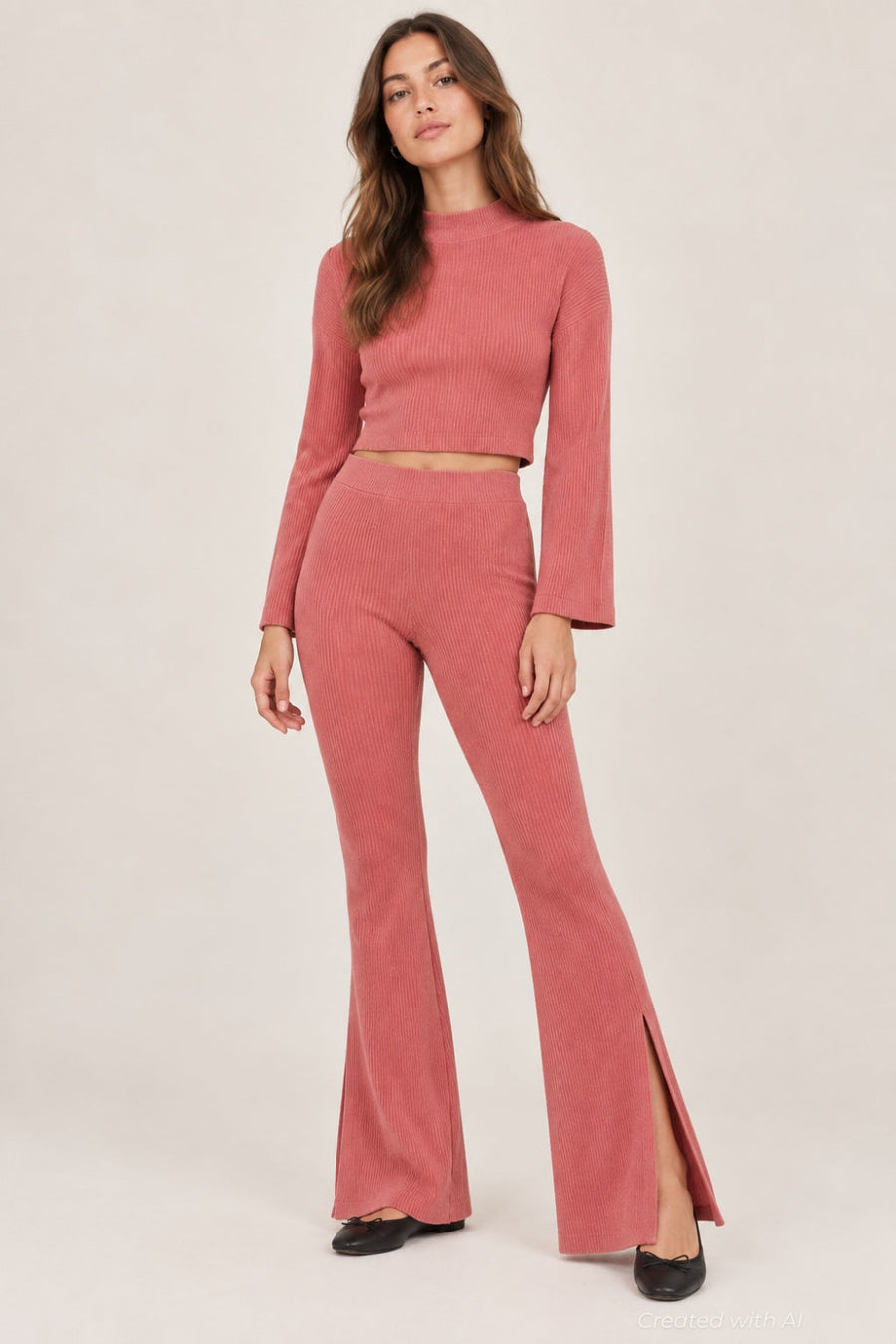 Ribbed Textured Flare Pants With Slits - Rose - Pants
