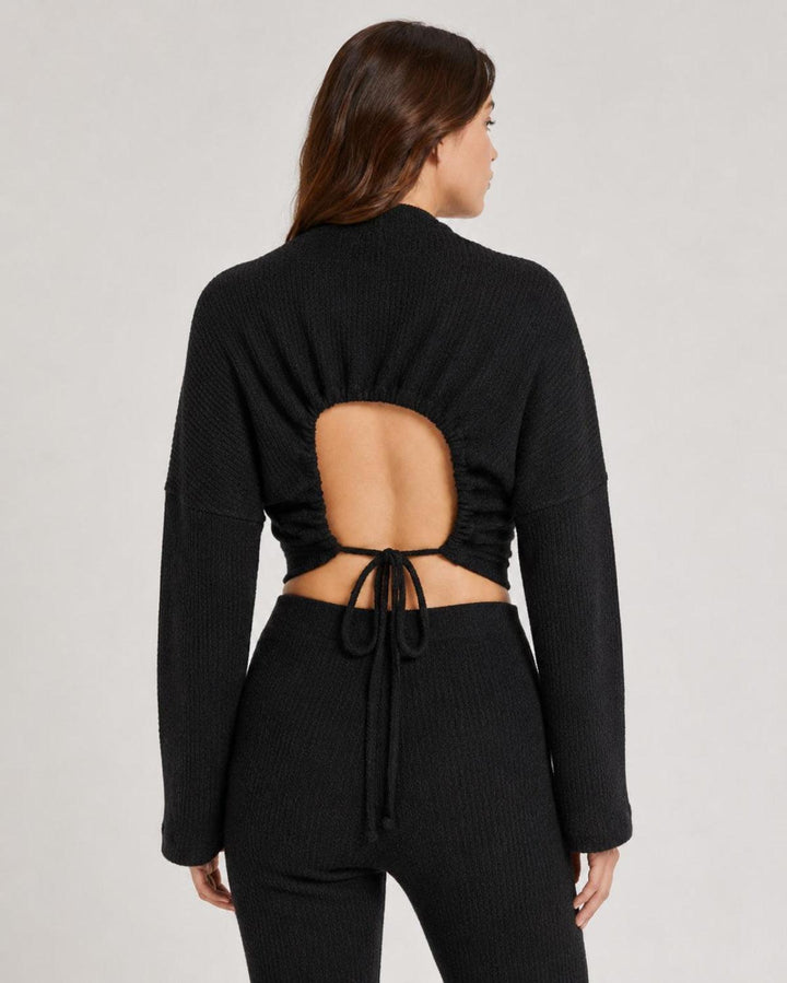 Ribbed Textured Open Back Top - Black - Knit Tops