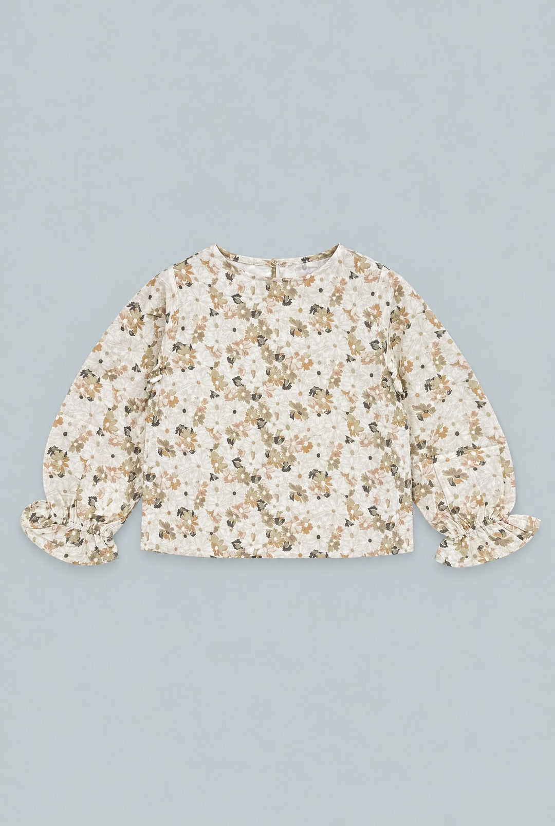 Kid's Cropped Floral Blouse With Cinched Sleeves - Tan Combo