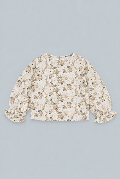 Kid's Cropped Floral Blouse With Cinched Sleeves - Tan Combo