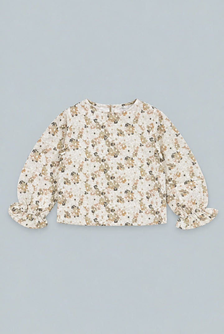 Kid's Cropped Floral Blouse With Cinched Sleeves - Tan Combo