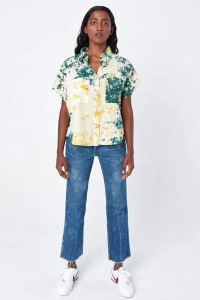 'The Tara' Hand Dyed Drop Sleeve Shirt - Green Yellow And White Tie Dye