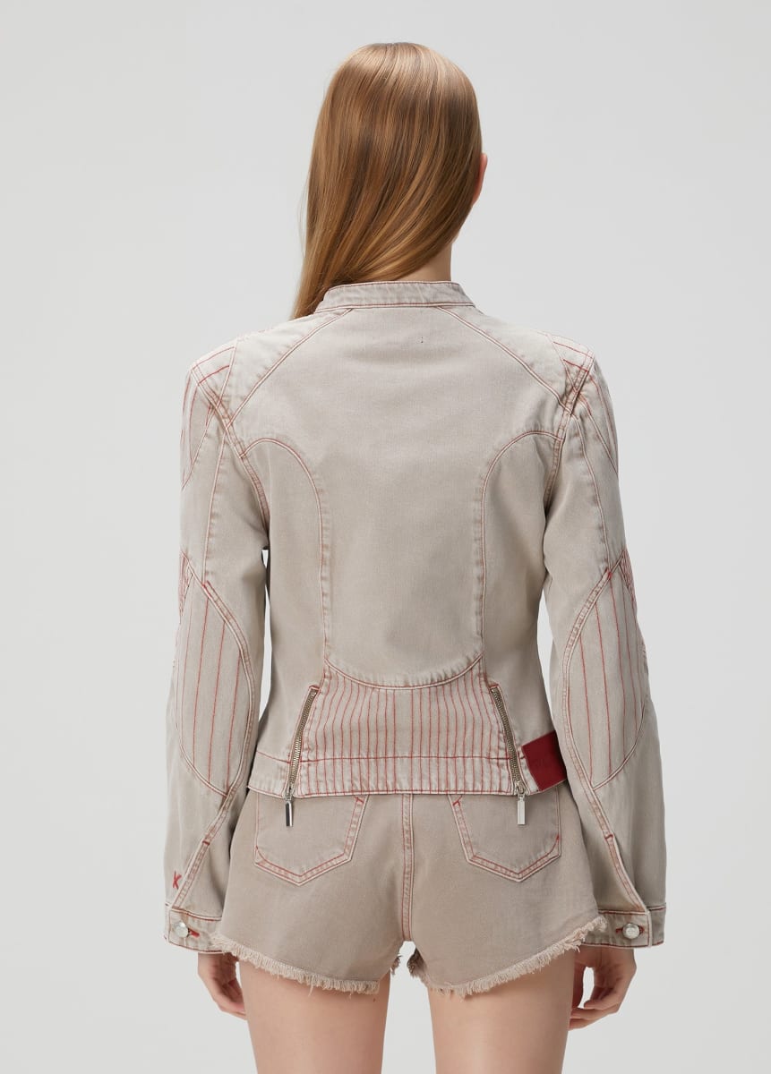 Pure Cotton Faded Motorcycle Denim Jacket - Moon Rock