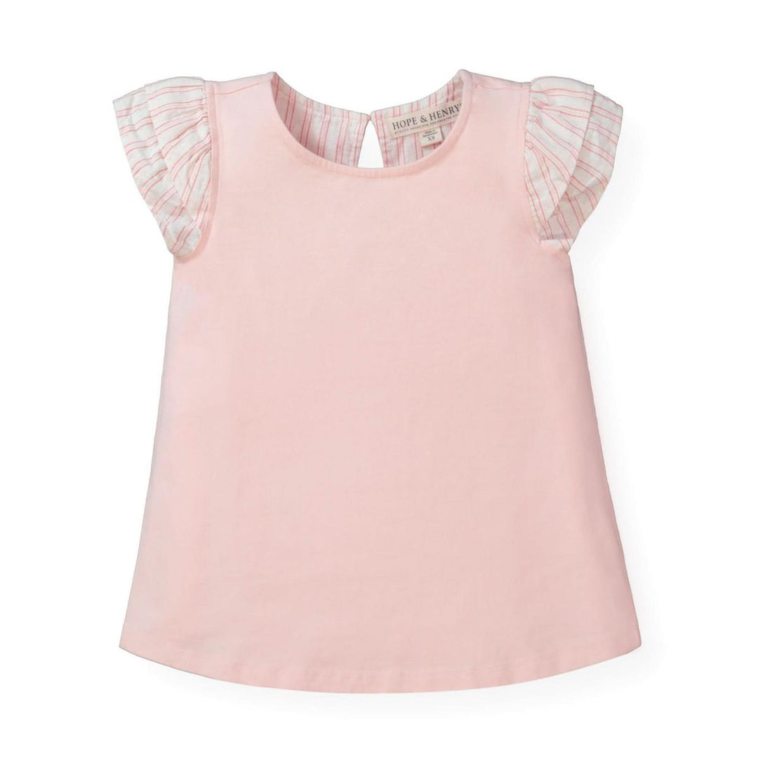 Knit Top with Woven Flutter Sleeves - Light Pink with Stripe Sleeves
