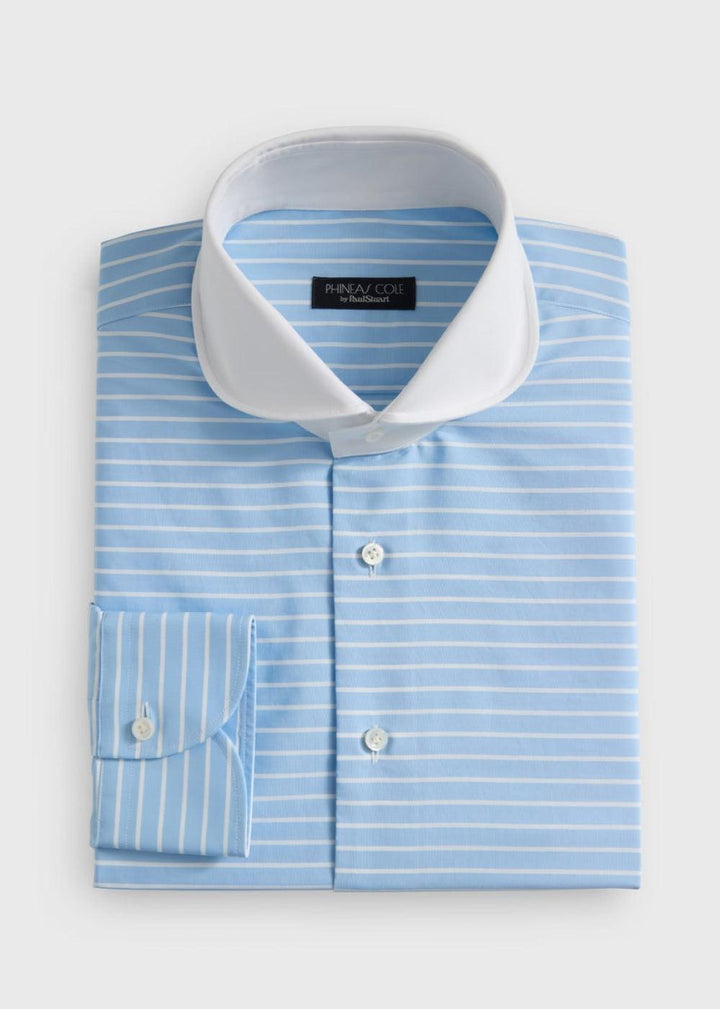 Horizontal Stripe Round Collar Shirt, Blue, 15/33-sleeve, Male, Phineas Cole