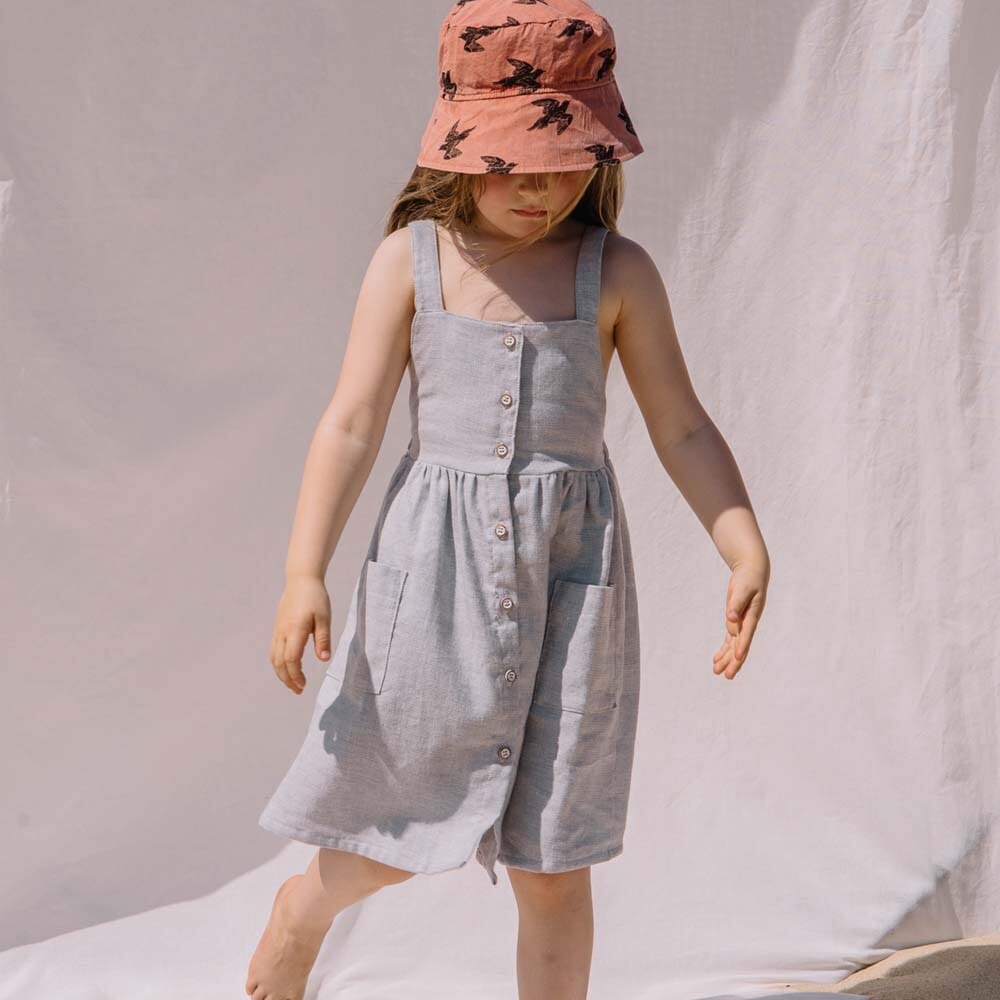 Button Front X-Back Linen Twill Dungaree Dress with Pockets - Jeans Denim Dresses + Skirts Buho 