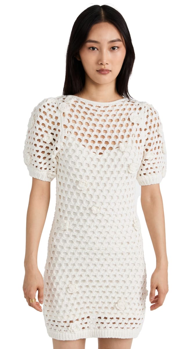Crochet Mini Dress With Floral Applique - Ivory
