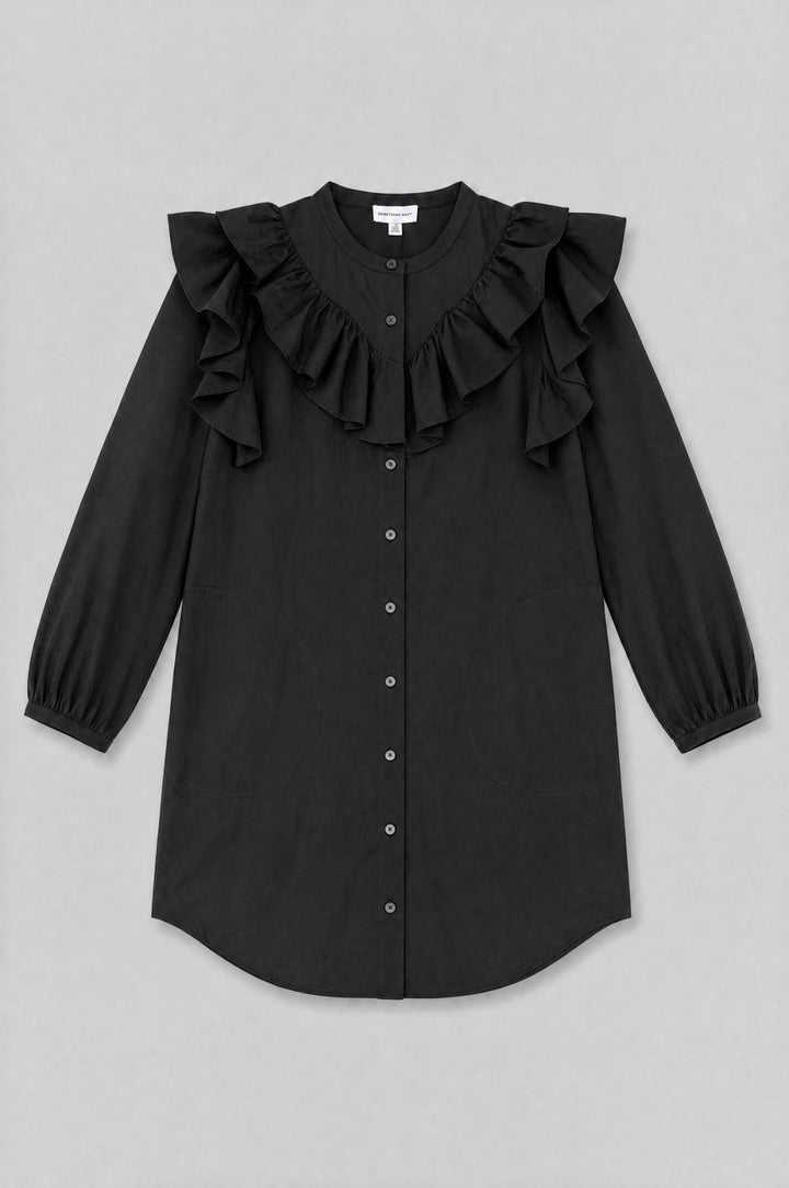 Ruffle Button Up Dress - Black - Dresses