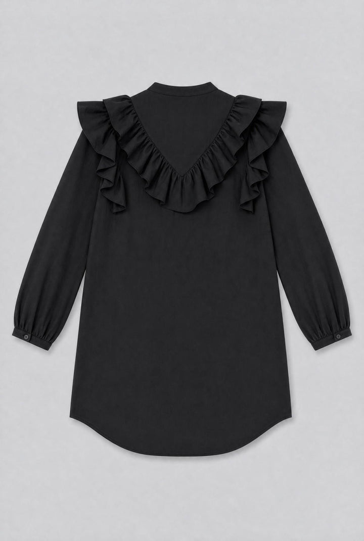 Ruffle Button Up Dress - Black - Dresses