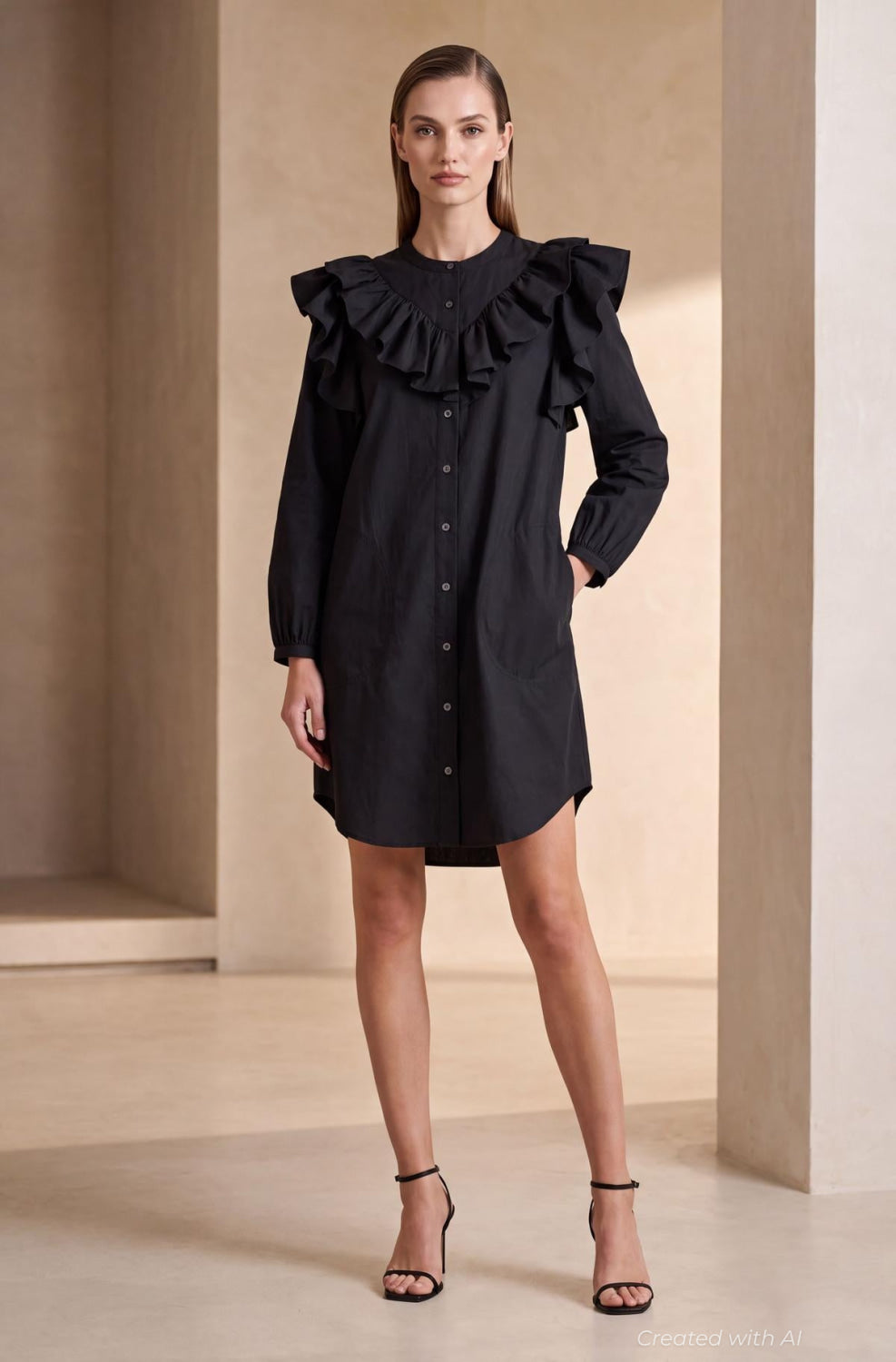 Ruffle Button Up Dress - Black - Dresses