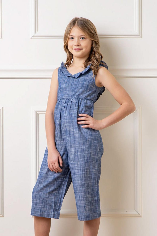 Ruffle Neck Organic Jumpsuit - Chambray - Jumpsuit