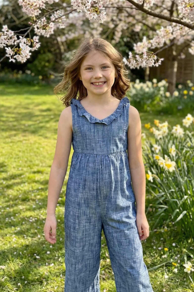 Ruffle Neck Organic Jumpsuit - Chambray - Jumpsuit