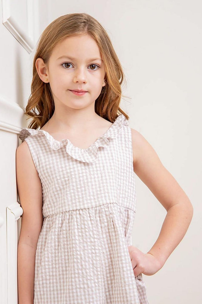 Ruffle Neck Organic Jumpsuit - Taupe Gingham Seersucker - Jumpsuit