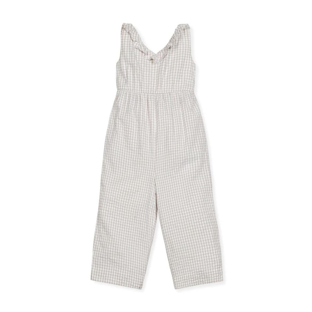 Ruffle Neck Organic Jumpsuit - Taupe Gingham Seersucker - Jumpsuit
