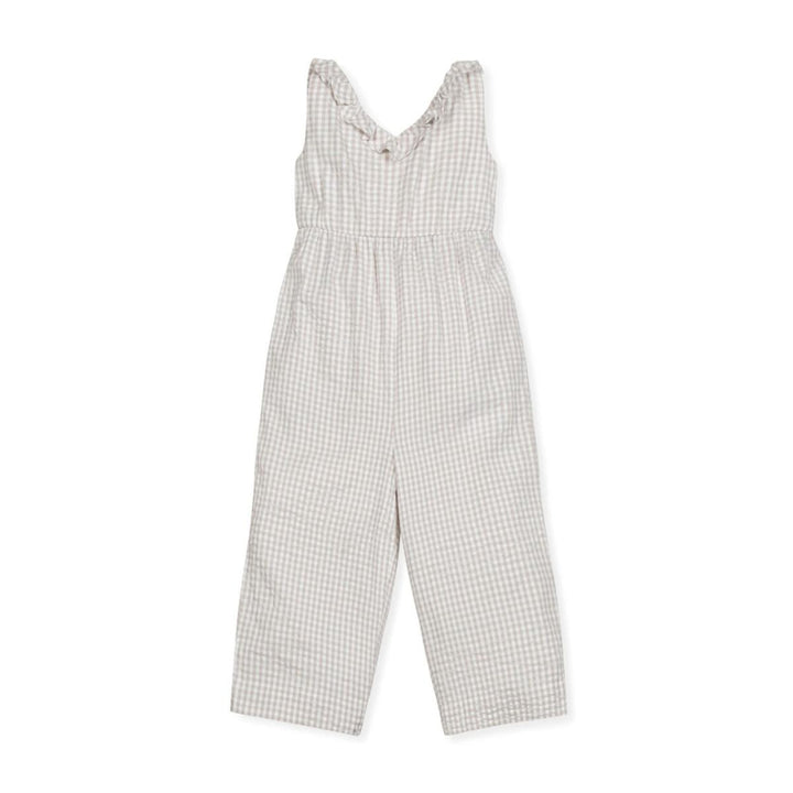 Ruffle Neck Organic Jumpsuit - Taupe Gingham Seersucker - Jumpsuit