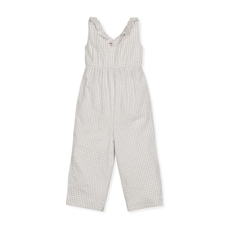 Ruffle Neck Organic Jumpsuit - Taupe Gingham Seersucker - Jumpsuit