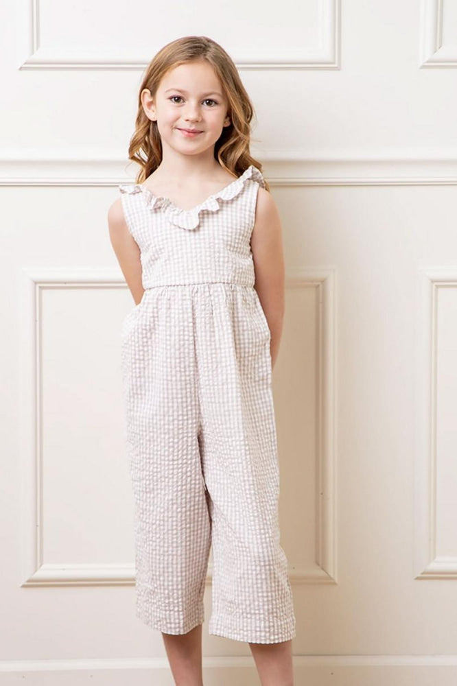 Ruffle Neck Organic Jumpsuit - Taupe Gingham Seersucker - Jumpsuit