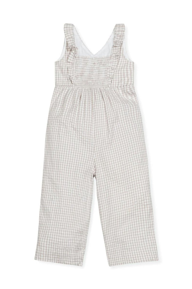Ruffle Neck Organic Jumpsuit - Taupe Gingham Seersucker - Jumpsuit
