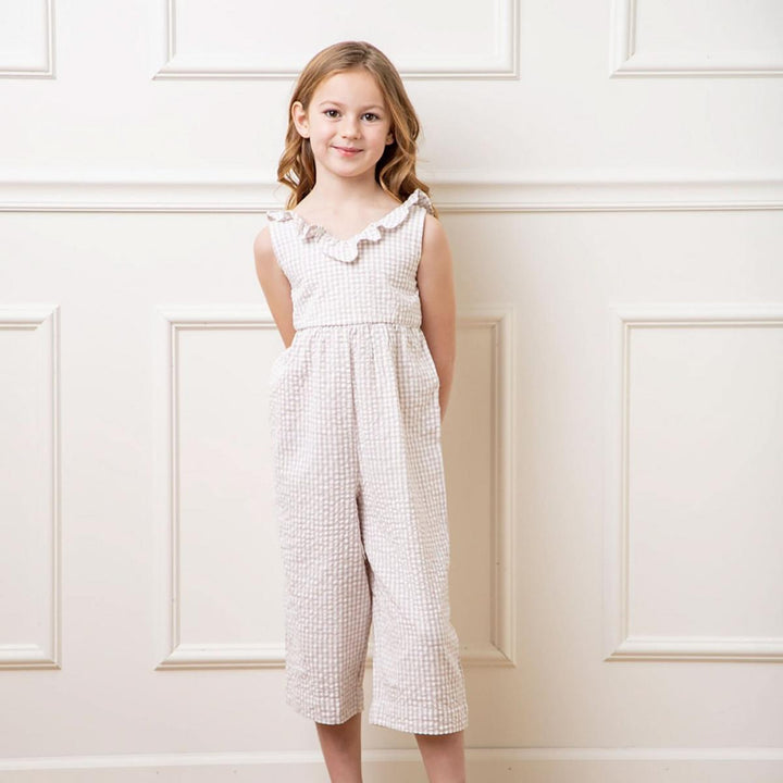 Ruffle Neck Organic Jumpsuit - Taupe Gingham Seersucker - Jumpsuit