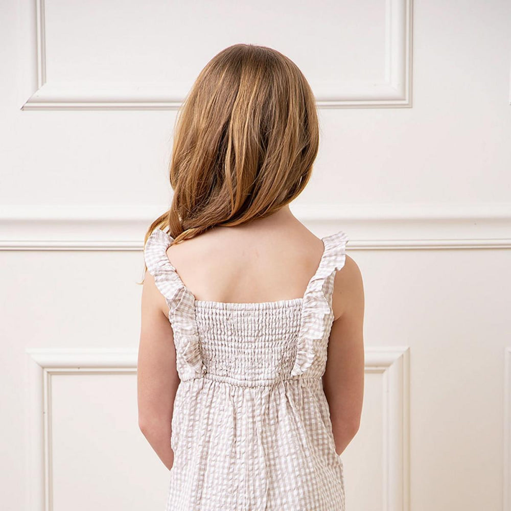 Ruffle Neck Organic Jumpsuit - Taupe Gingham Seersucker - Jumpsuit