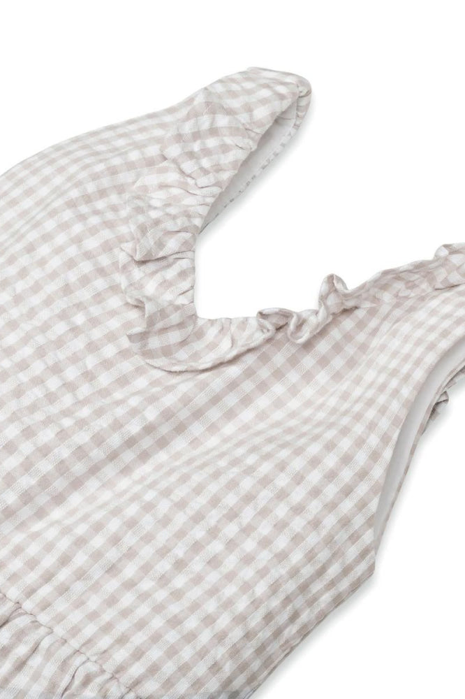 Ruffle Neck Organic Jumpsuit - Taupe Gingham Seersucker - Jumpsuit