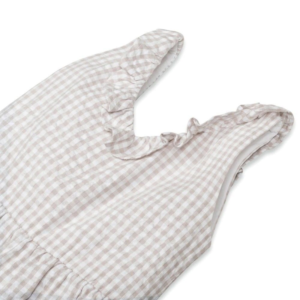 Ruffle Neck Organic Jumpsuit - Taupe Gingham Seersucker - Jumpsuit