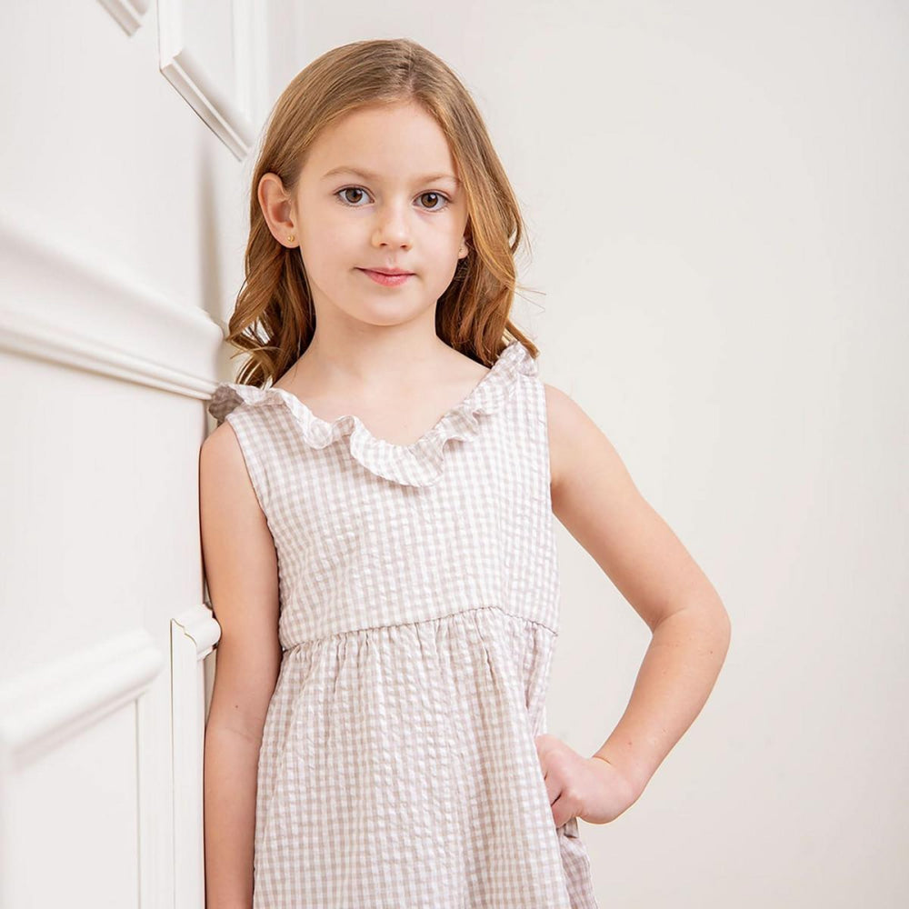 Ruffle Neck Organic Jumpsuit - Taupe Gingham Seersucker - Jumpsuit