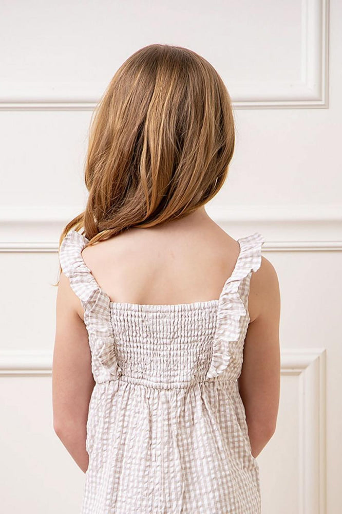Ruffle Neck Organic Jumpsuit - Taupe Gingham Seersucker - Jumpsuit