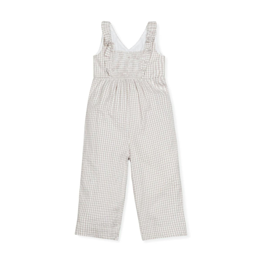 Ruffle Neck Organic Jumpsuit - Taupe Gingham Seersucker - Jumpsuit