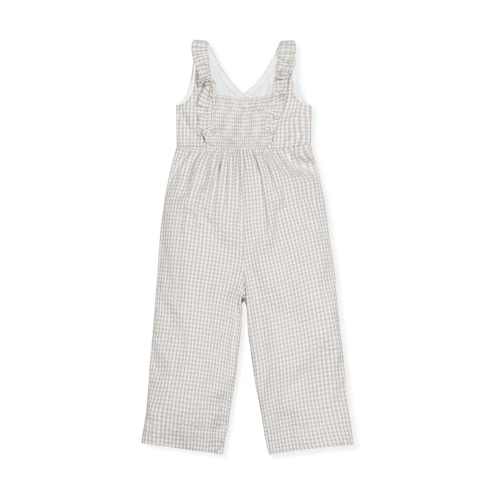Ruffle Neck Organic Jumpsuit - Taupe Gingham Seersucker - Jumpsuit