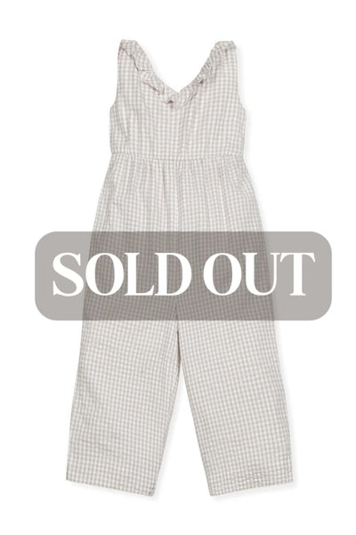 Ruffle Neck Organic Jumpsuit - Taupe Gingham Seersucker - Jumpsuit