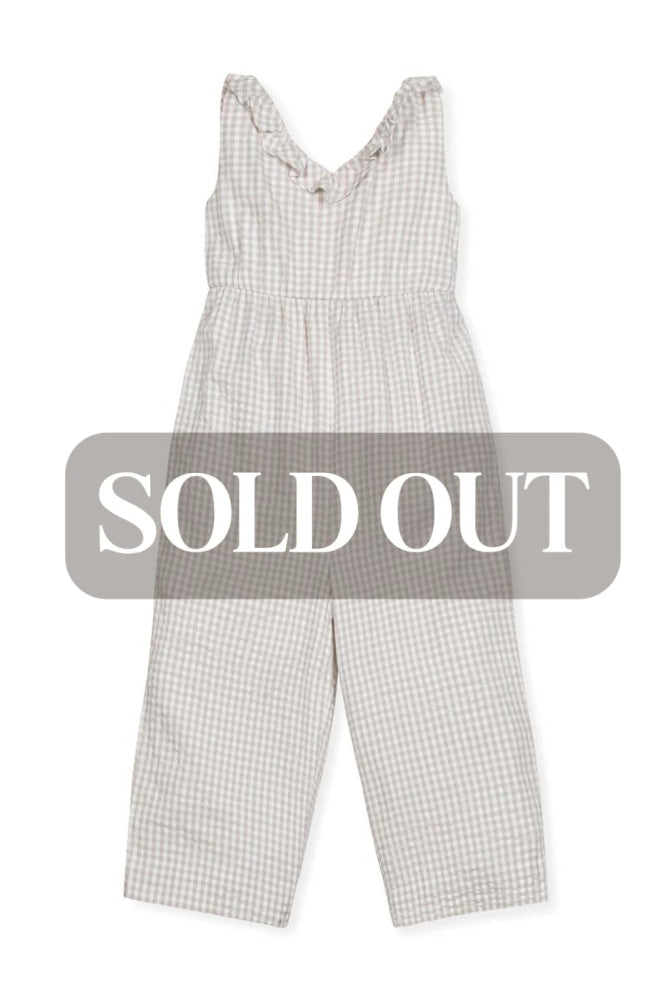 Ruffle Neck Organic Jumpsuit - Taupe Gingham Seersucker - Jumpsuit
