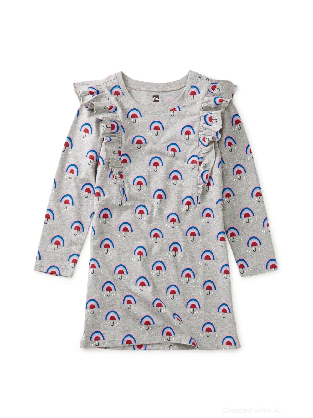 Ruffle Sleeve A-Line Dress - Rainbow Umbrella - Dresses