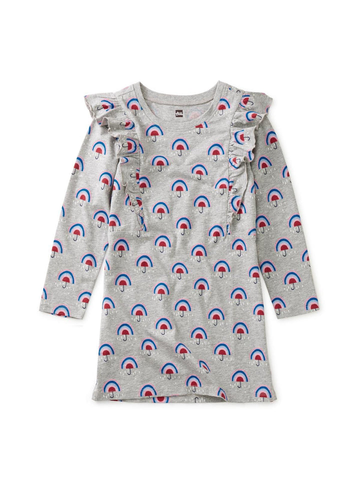 Ruffle Sleeve A-Line Dress - Rainbow Umbrella - Dresses