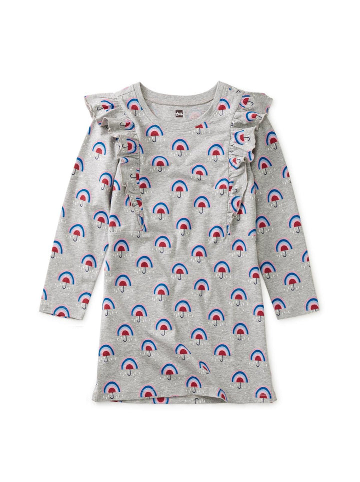 Ruffle Sleeve A-Line Dress - Rainbow Umbrella - Dresses