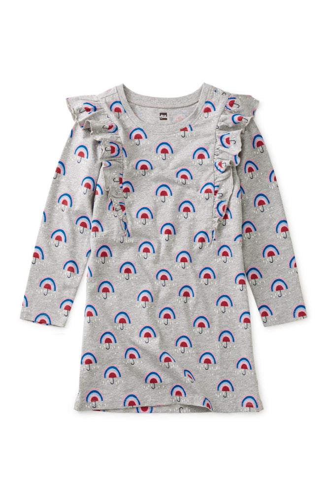 Ruffle Sleeve A-Line Dress - Rainbow Umbrella - Dresses