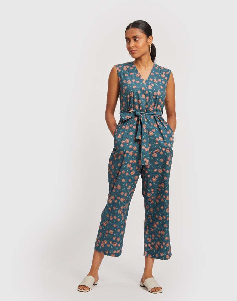 Sleeveless Belted Jumpsuit - Dark Green