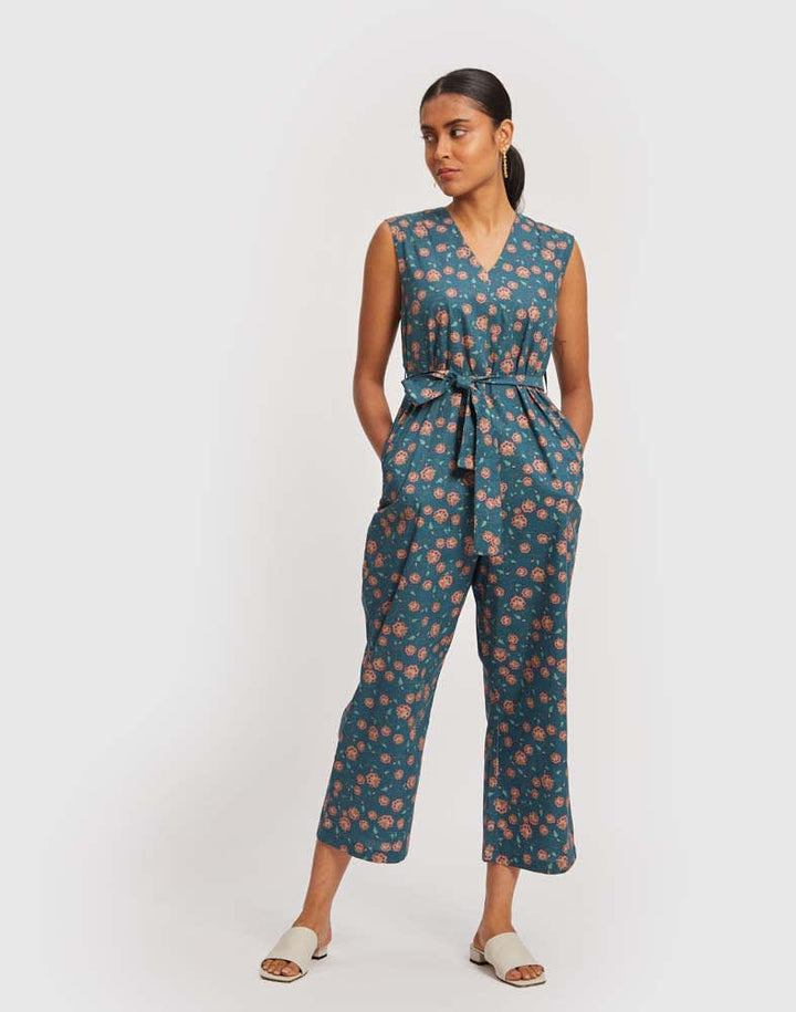 Sleeveless Belted Jumpsuit - Dark Green