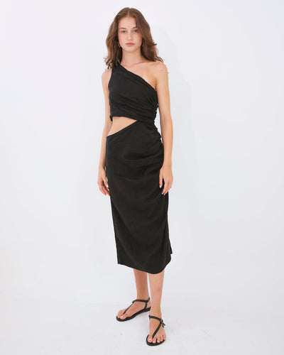 Katya One Shoulder Dress - Black Linen
