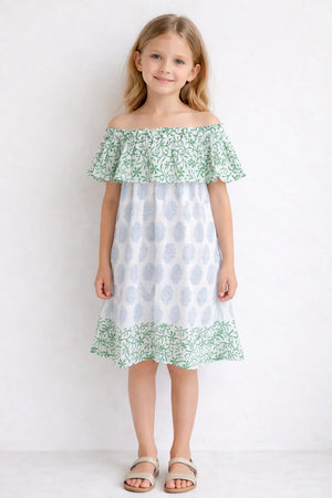 Girls Off-Shoulder Printed Summer Dress - White & Green