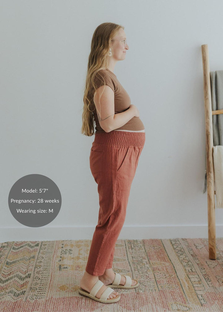 Adult Plus Size Transitional Maternity Smocked Linen Pant - Cinnamon
