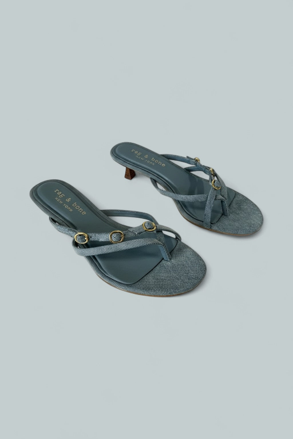 Sammie Denim Buckle Kitten-Heel Sandals - Lwdnm