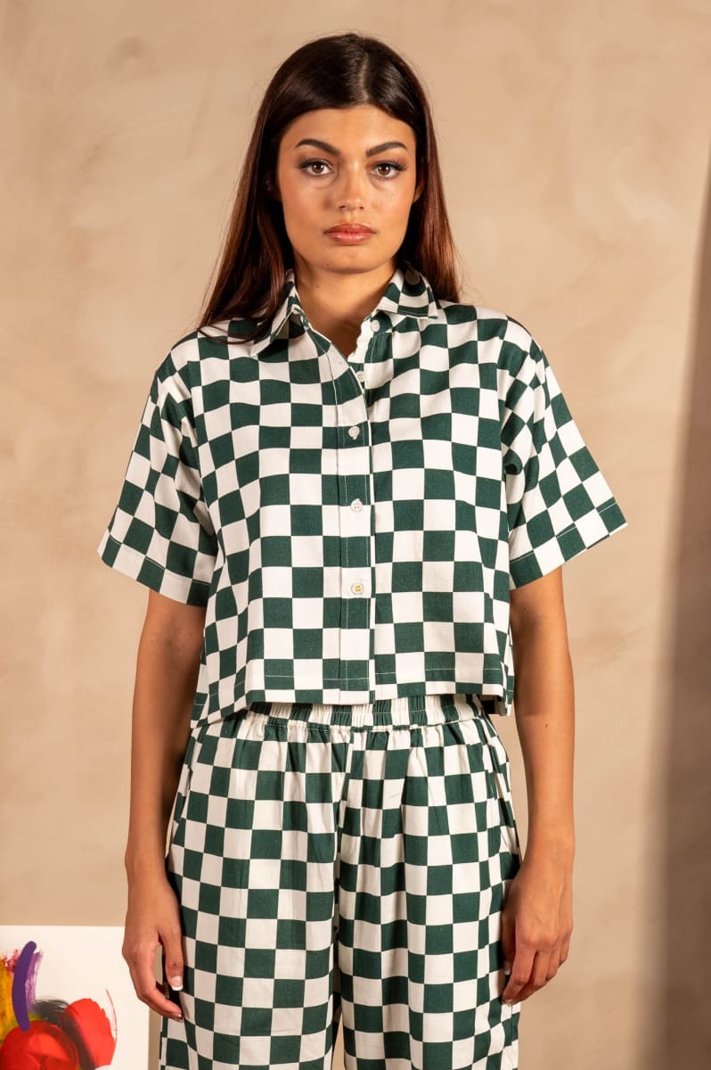 Hand Printed 'The Cami' Crop Shirt - Green And White Chessboard