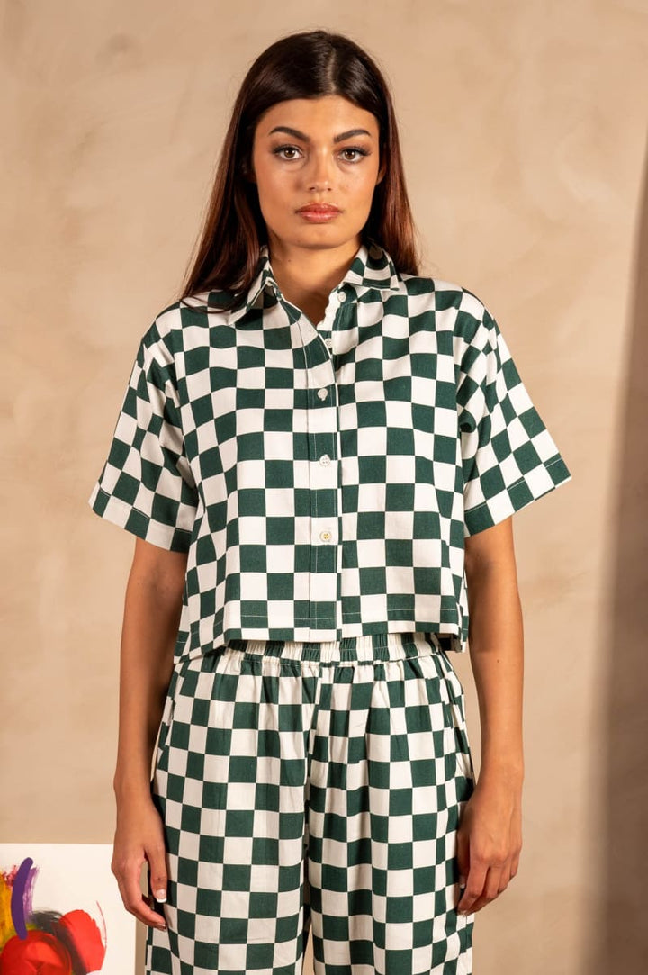 Hand Printed 'The Cami' Crop Shirt - Green And White Chessboard