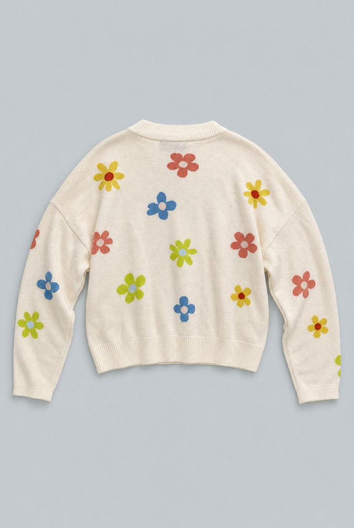 Cashmere Blend Floral Crew Neck Sweater - Cream Multi