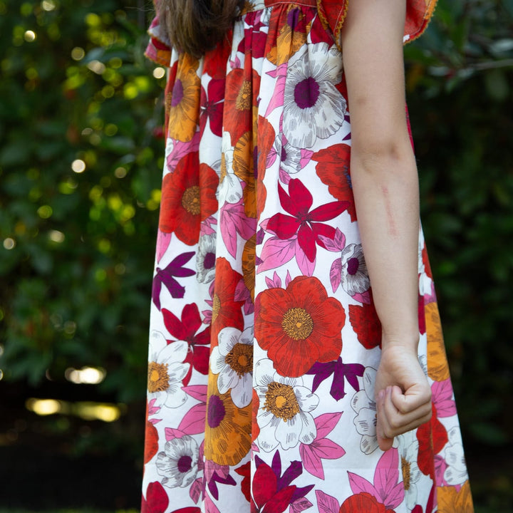 Girls Everly Square Neck Dress - Red And Orange Floral Medley