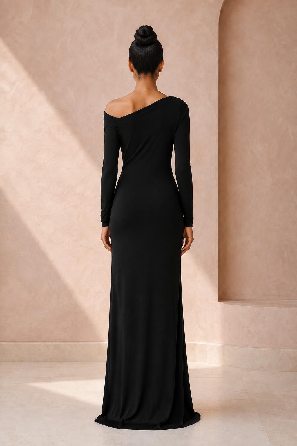Off-Shoulder Draped Satin Gown - Black