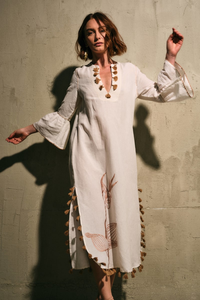Sarina Kaftan - White/Beige Embroidery